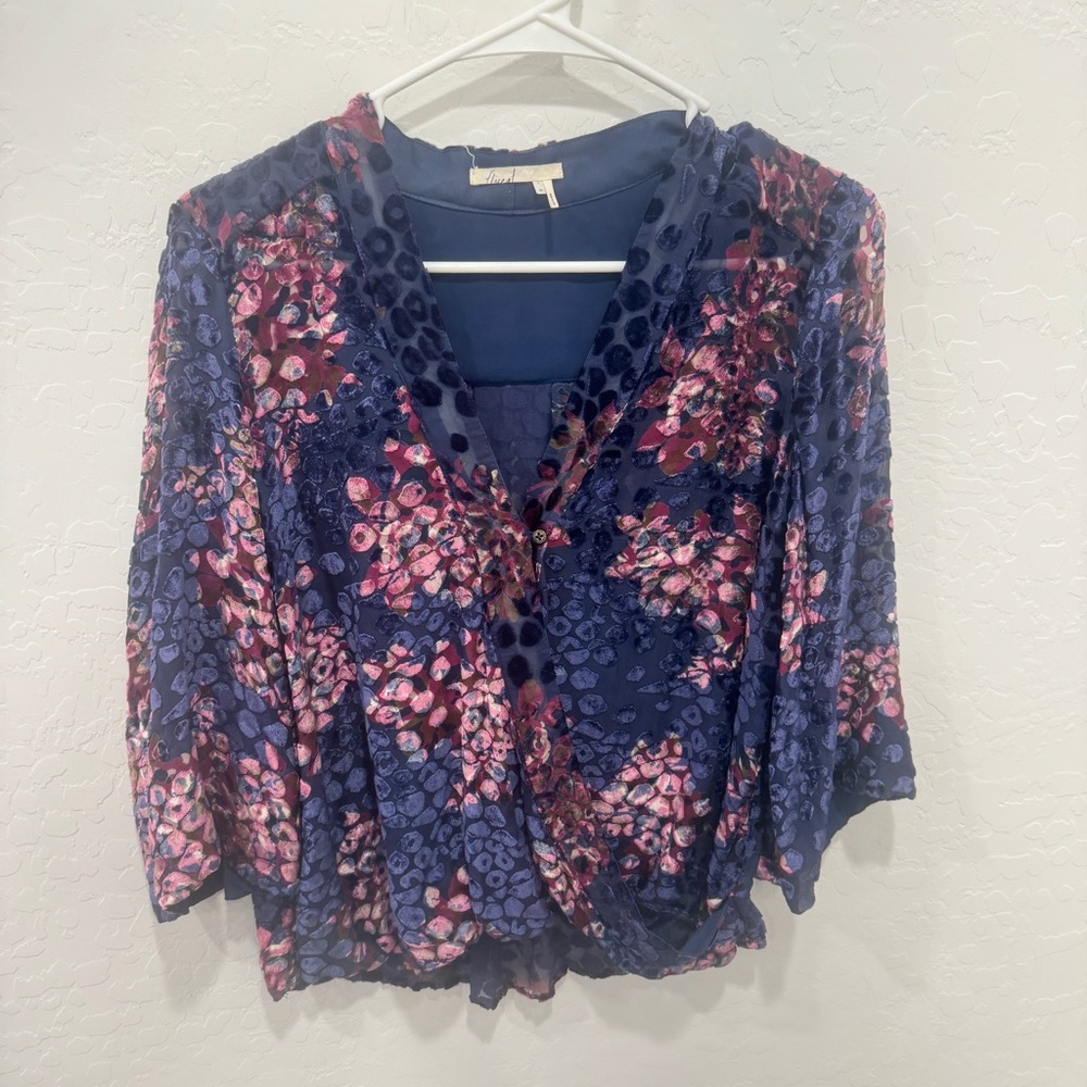 Floreat Velvet Burnout Blouse Womens XS Floral Surplice Flare Sleeve Formal